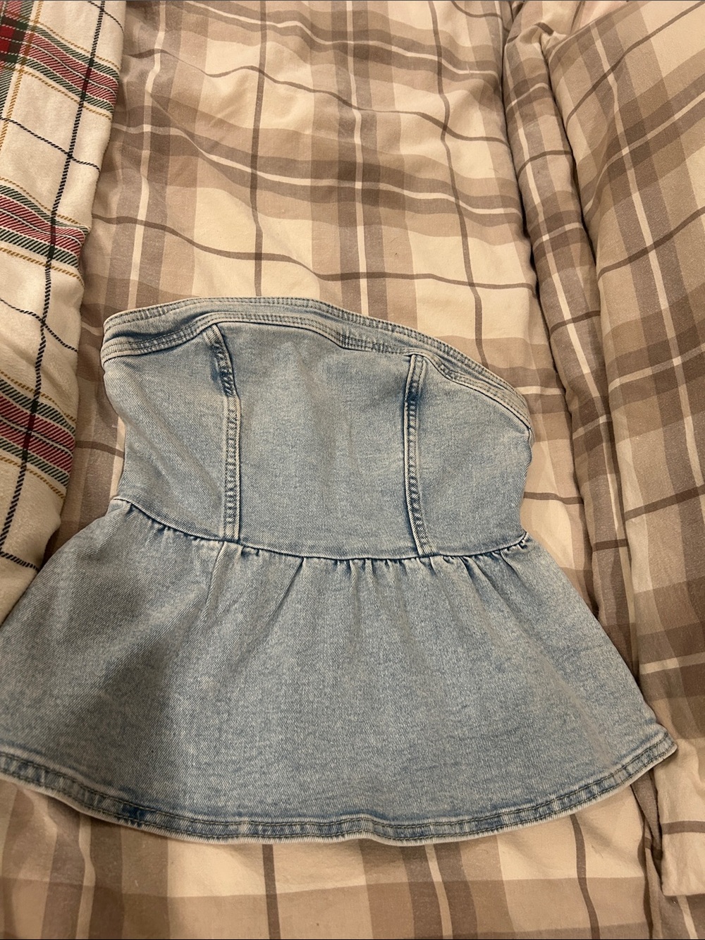 H&M Divided Light Wash Denim Strapless Peplum Top
